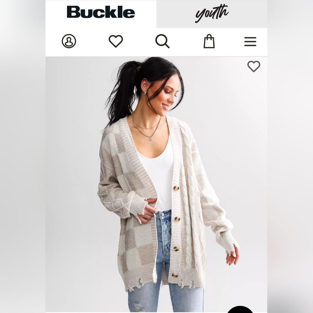 BKE Checkered Cable Knit Cardigan